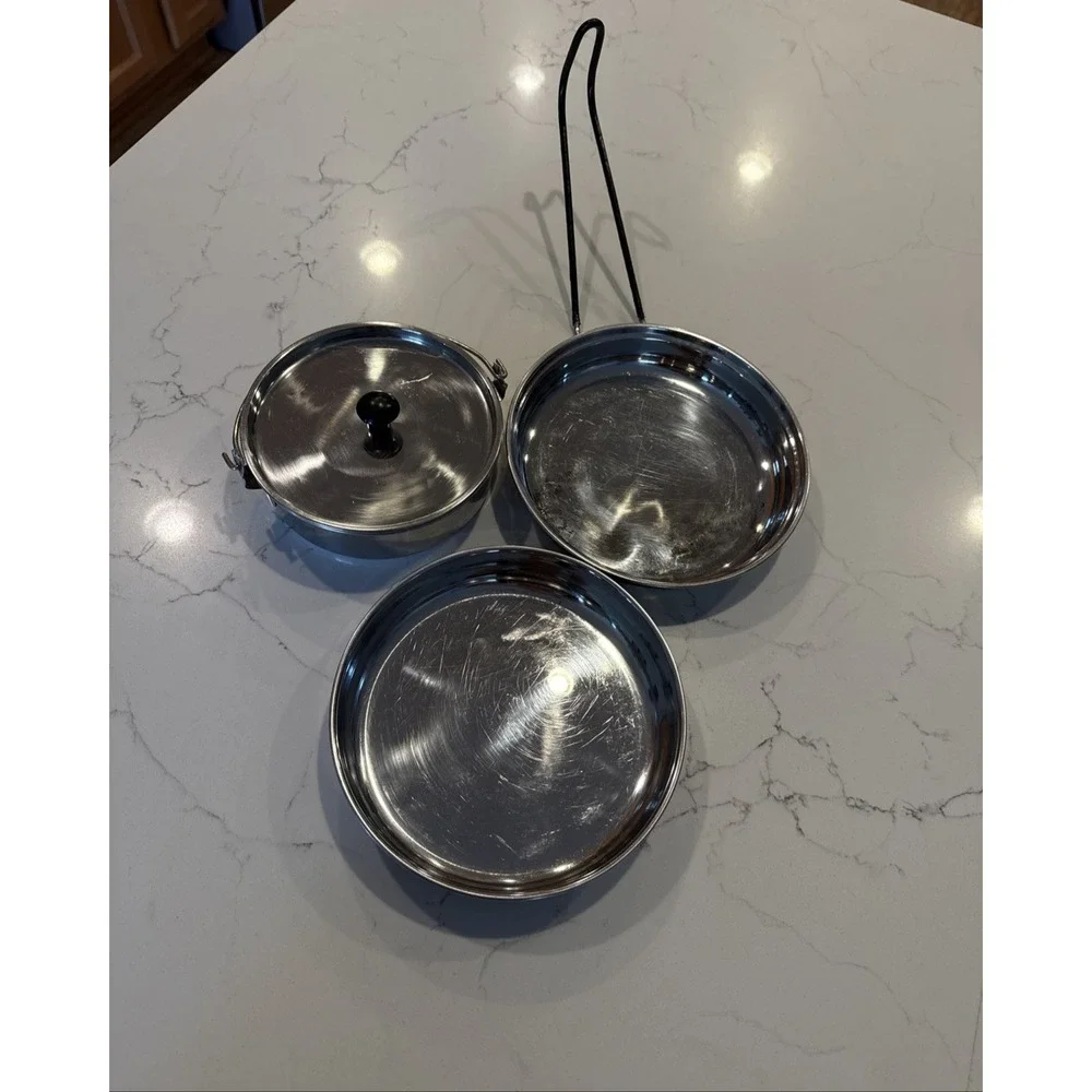 Vtg Stainless Steel Camping Mess Kit Nesting Cookware 3 Pc Set Hiking Packable